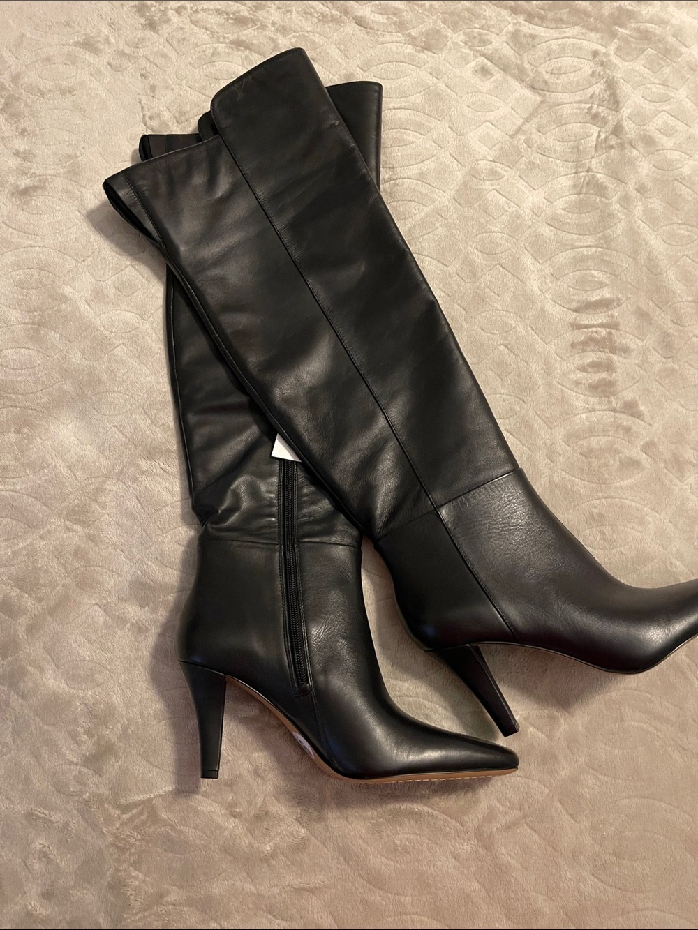 NEW Vince Camuto Black Leather Over the Knee Pointed-Toe Heels